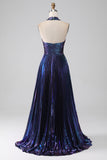 Stunning A Line Halter Neck Purple Long Formal Dress with Keyhole Split Front