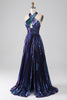 Load image into Gallery viewer, Stunning A Line Halter Neck Purple Long Formal Dress with Keyhole Split Front