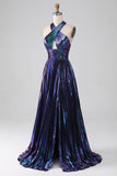 Stunning A Line Halter Neck Purple Long Formal Dress with Keyhole Split Front