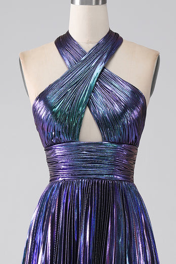 Sparkly Purple Halter A Line Formal Dress with Pleated