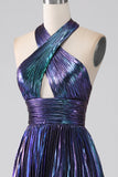 Sparkly Purple Halter A Line Formal Dress with Pleated