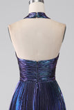 Stunning A Line Halter Neck Purple Long Formal Dress with Keyhole Split Front