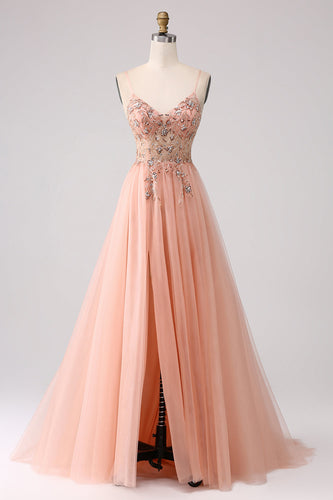 Sparkly Blush A Line Sequins Spaghetti Straps Long Formal Dress With Slit