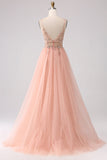 Sparkly Blush A Line Sequins Spaghetti Straps Long Formal Dress With Slit