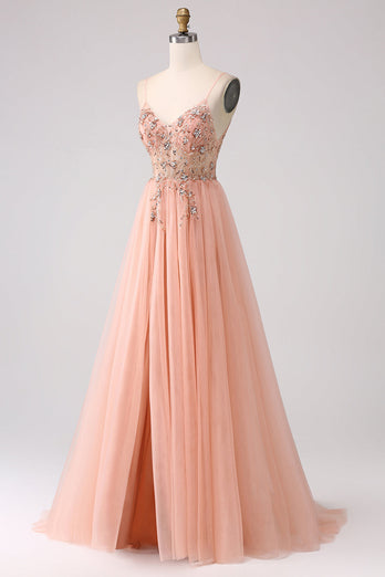 Sparkly Blush A Line Sequins Spaghetti Straps Long Formal Dress With Slit