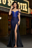 Sparkly Navy Mermaid Long Corset Beaded Formal Dress with Slit