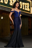 Sparkly Navy Mermaid Long Corset Beaded Formal Dress with Slit