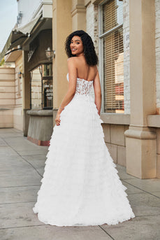 White Corset Ruffled A-Line Wedding Dress with Lace