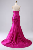Fuchsia Strapless Satin Mermaid Corset Long PLus Size Prom Dress with Slit