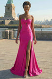 Sparkly Fuchsia Mermaid Sweetheart Corset Long Formal Dress with Slit