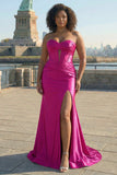 Fuchsia Strapless Satin Mermaid Corset Long PLus Size Prom Dress with Slit