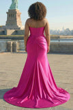 Fuchsia Strapless Satin Mermaid Corset Long PLus Size Prom Dress with Slit
