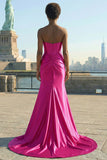 Sparkly Fuchsia Mermaid Sweetheart Corset Long Formal Dress with Slit