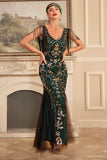 Green Golden Sheath V Neck Sequins Long 1920s Flapper Dress with Fringes