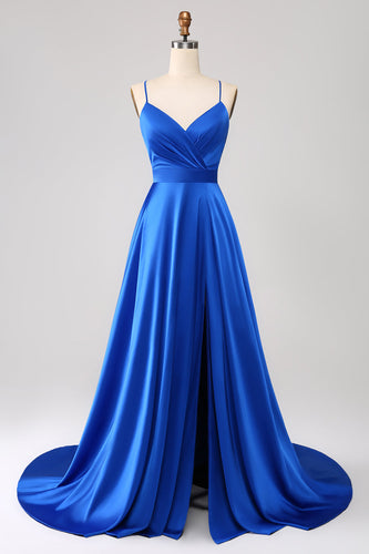 Royal Blue A Line Spaghetti Straps Satin Formal Dress with Slit
