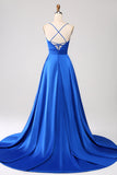 Royal Blue A Line Spaghetti Straps Satin Formal Dress with Slit