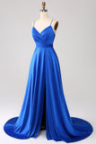 Royal Blue A Line Spaghetti Straps Satin Formal Dress with Slit