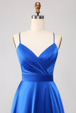 Royal Blue A Line Spaghetti Straps Satin Formal Dress with Slit