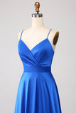 Royal Blue A Line Spaghetti Straps Satin Formal Dress with Slit