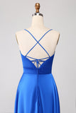 Royal Blue A Line Spaghetti Straps Satin Formal Dress with Slit