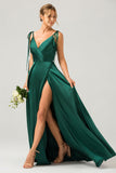 Dark Green A-Line Spaghetti Straps Ruched Long Bridesmaid Dress with Slit