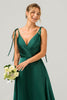 Load image into Gallery viewer, Dark Green A-Line Spaghetti Straps Ruched Long Bridesmaid Dress with Slit
