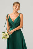 Dark Green A-Line Spaghetti Straps Ruched Long Bridesmaid Dress with Slit