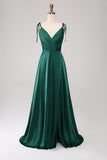 Simple Dark Green Spaghetti Straps Ruched Formal Dress with Slit