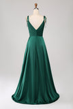 Simple Dark Green Spaghetti Straps Ruched Formal Dress with Slit