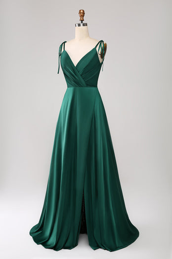 Simple Dark Green Spaghetti Straps Ruched Formal Dress with Slit