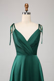 Simple Dark Green Spaghetti Straps Ruched Formal Dress with Slit