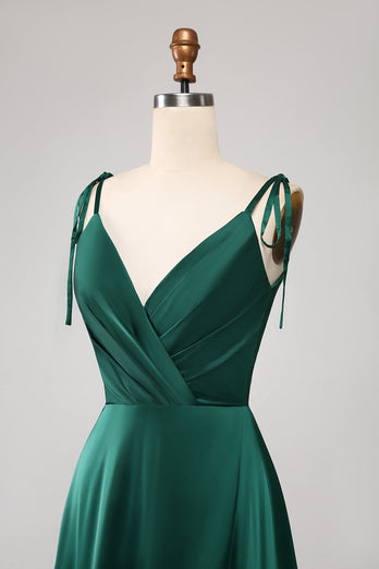 Simple Dark Green Spaghetti Straps Ruched Formal Dress with Slit