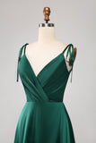 Simple Dark Green Spaghetti Straps Ruched Formal Dress with Slit