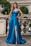 Sparkly Dark Blue A-Line Corset Long Formal Dress with Slit