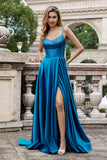 Sparkly Dark Blue A-Line Corset Long Formal Dress with Slit