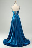 Sparkly Dark Blue A Line Corset Beaded Long Formal Dress With Slit