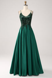 Dark Green A-Line Spaghetti Straps Long Formal Dress