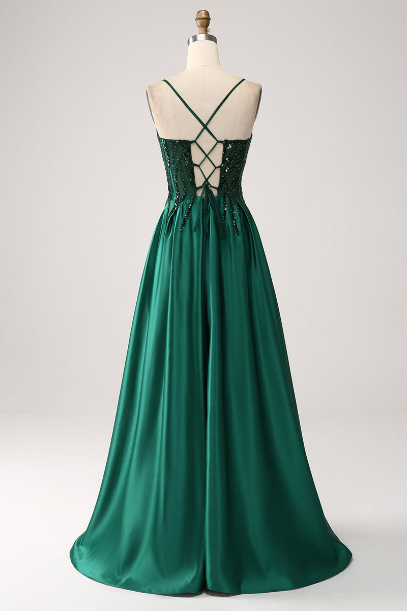Load image into Gallery viewer, Dark Green A-Line Spaghetti Straps Long Formal Dress