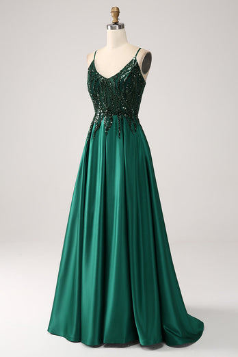 Dark Green A-Line Spaghetti Straps Long Formal Dress