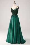 Dark Green A-Line Spaghetti Straps Long Formal Dress