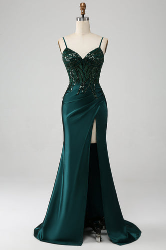 Sparkly Dark Green Mermaid Sequin Pleated Corset Formal Dress With Slit