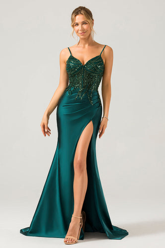 Sparkly Dark Green Mermaid Sequin Pleated Corset Long Formal Dress With Slit