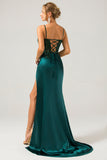 Sparkly Dark Green Mermaid Sequin Pleated Corset Long Formal Dress With Slit