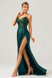 Sparkly Dark Green Mermaid Sequin Pleated Corset Long Formal Dress With Slit