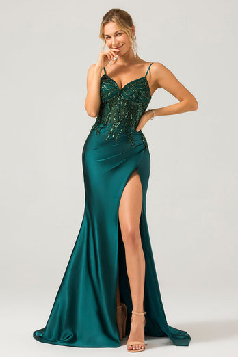 Sparkly Dark Green Mermaid Sequin Pleated Corset Long Formal Dress With Slit