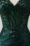 Sparkly Dark Green Mermaid Sequin Pleated Corset Formal Dress With Slit