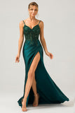 Sparkly Dark Green Mermaid Sequin Pleated Corset Long Formal Dress With Slit