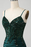 Sparkly Dark Green Mermaid Sequin Pleated Corset Formal Dress With Slit