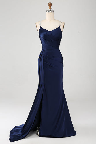 Navy Mermaid Spaghetti Straps Pleated Corset Long Formal Dress With Slit