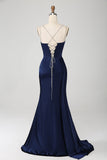 Navy Mermaid Spaghetti Straps Pleated Corset Long Formal Dress With Slit